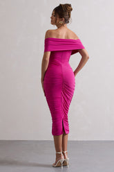 Dark Pink Ruched Twist Bardot Midi Dress